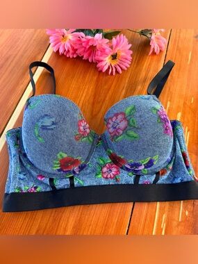 Parade Floral Denim-Print Longline Pushup Bra - Blue NWOT Size XL 38D